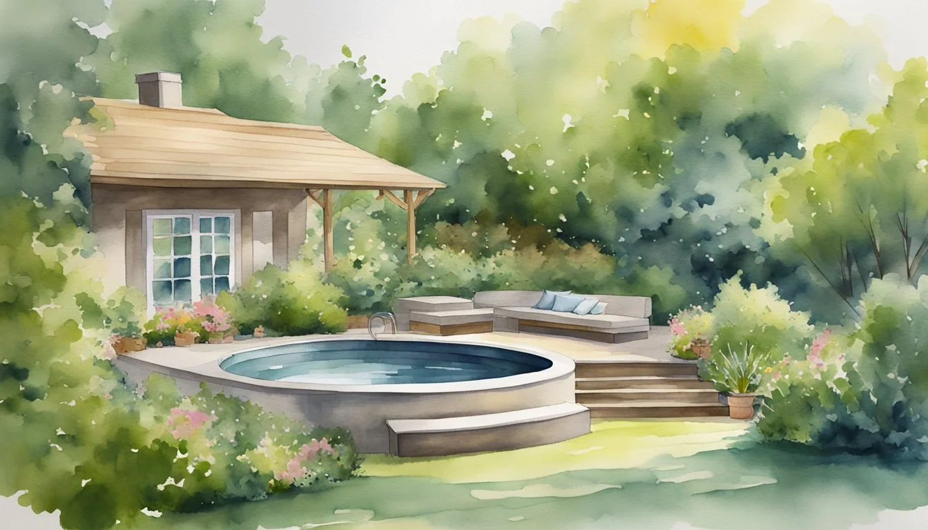 Watercolor of cozy backyard with pool and garden.