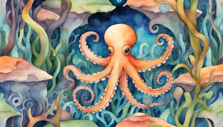 Colorful octopus in a vibrant underwater seascape painting.