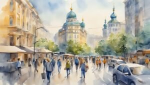 Watercolor painting of bustling city street and historic domed building.