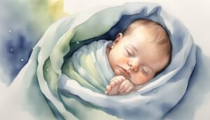 Watercolor painting of a sleeping newborn wrapped in blue.