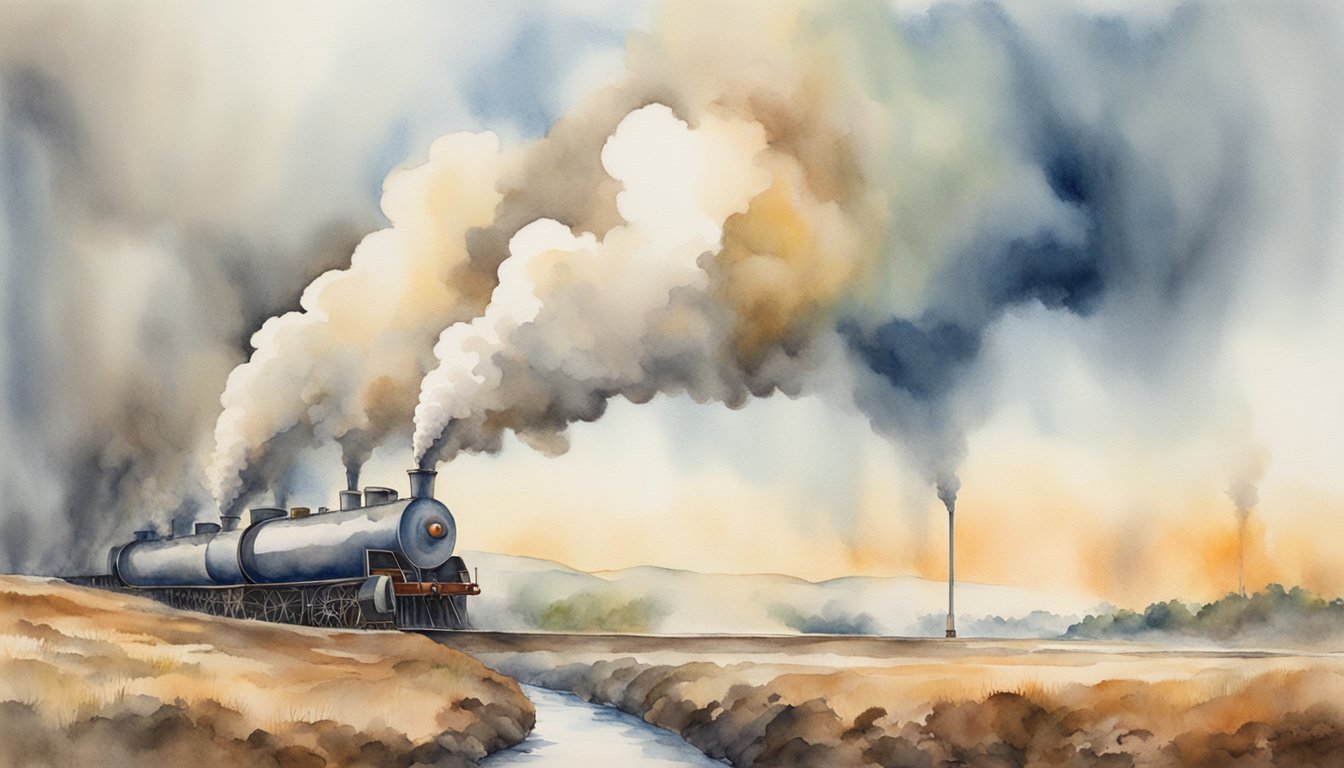 Vintage train emitting smoke through countryside, watercolor painting.