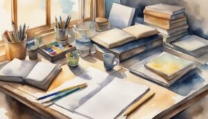 Watercolor illustration of artist's desk with books and supplies.