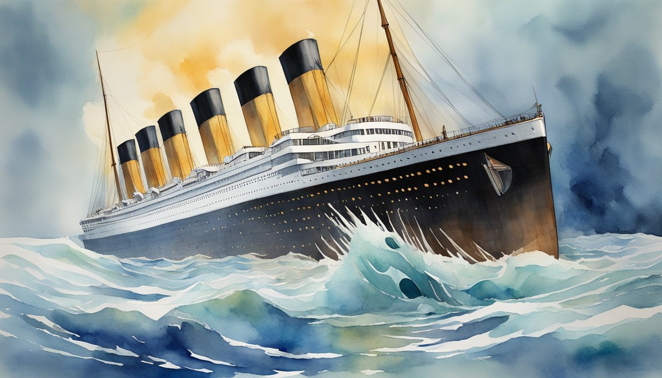 Watercolor painting of historical ocean liner at sea.