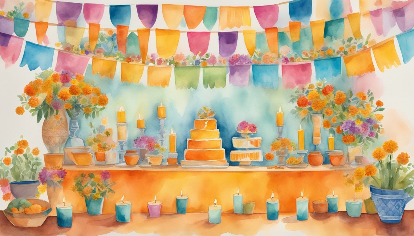 Colorful outdoor birthday party setup with decorations and cake.