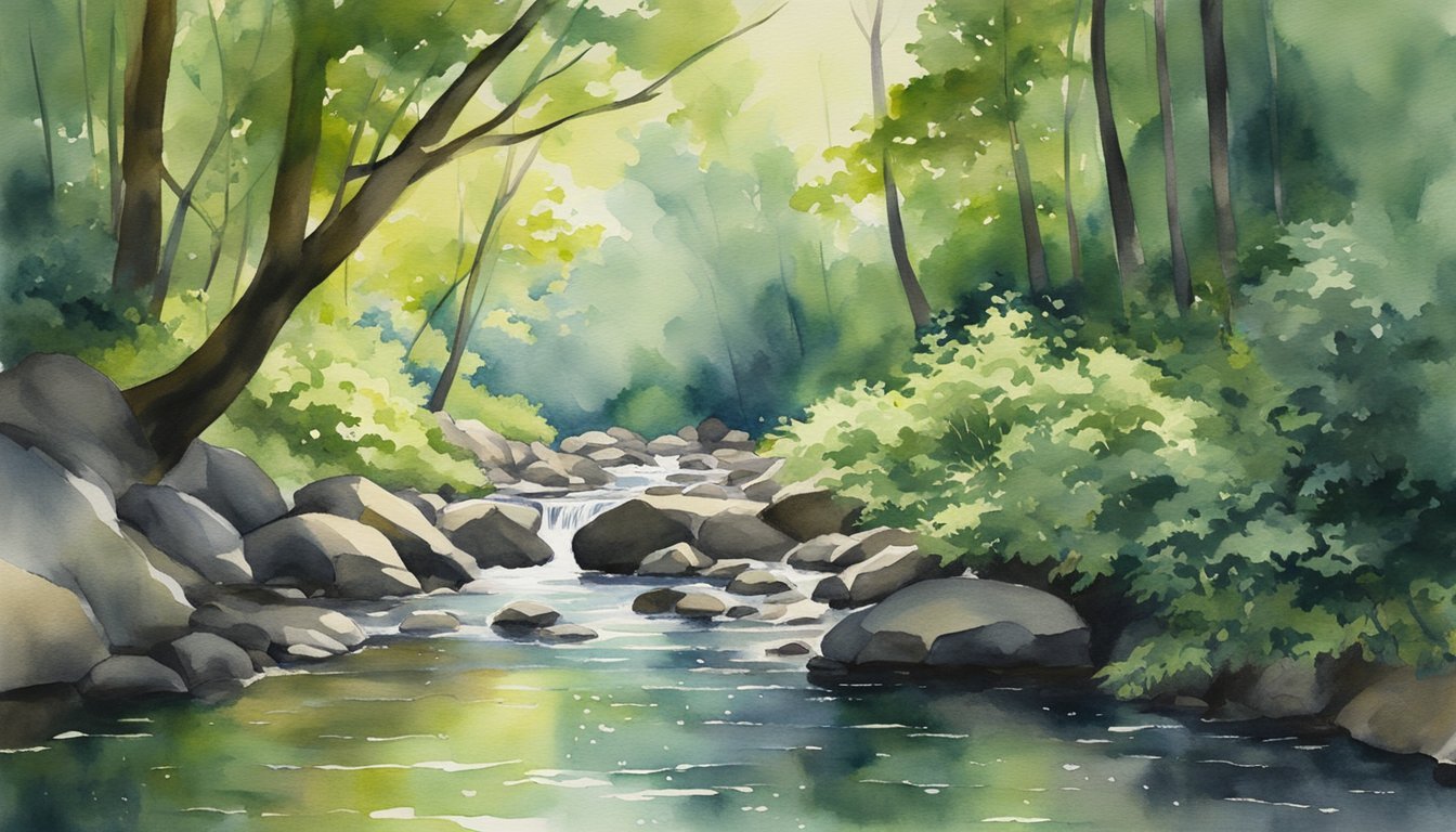 Watercolor painting of a serene forest creek with rocks.