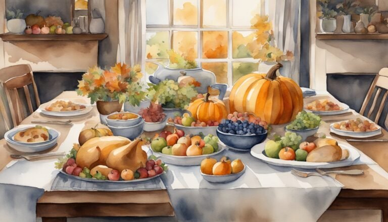 Watercolor of a festive autumn harvest dinner table.