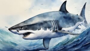 Watercolor illustration of a great white shark swimming.