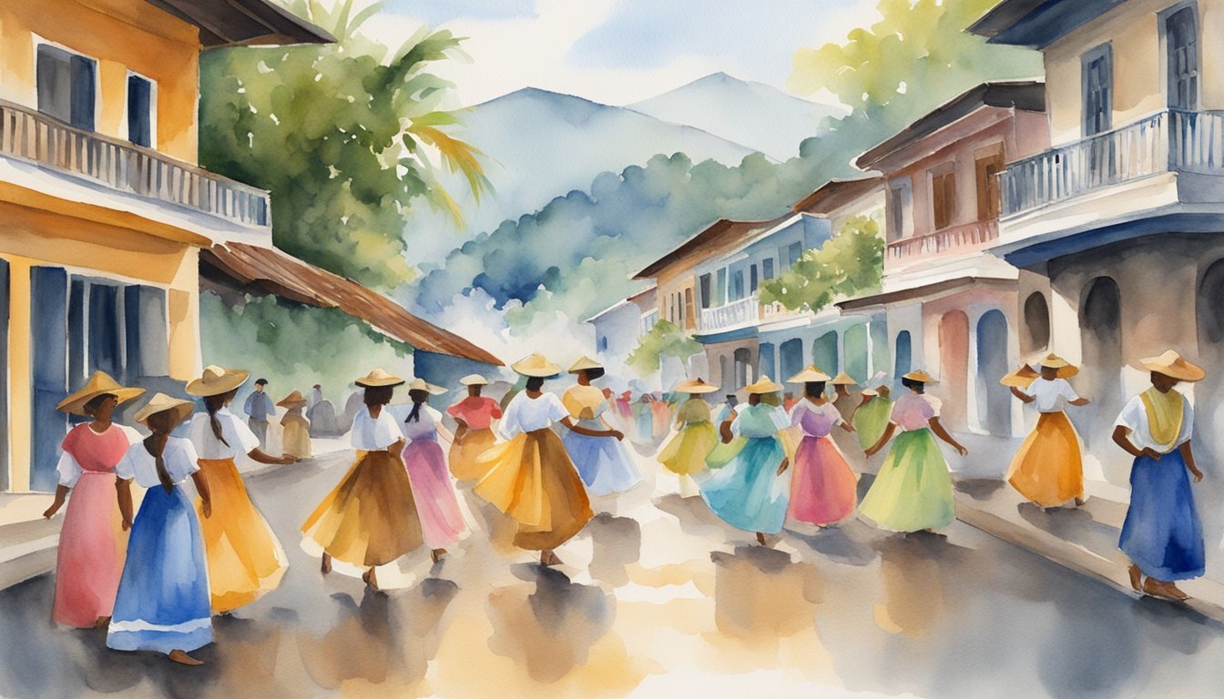 Watercolor of parade in colorful dresses with colonial buildings.