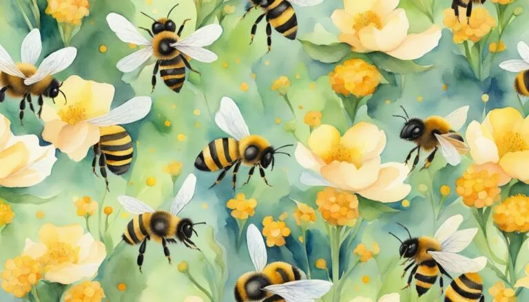 Watercolor illustration of bees pollinating yellow flowers.