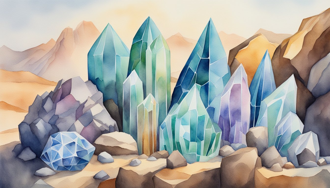 Watercolor painting of colorful, stylized crystal formations in desert.