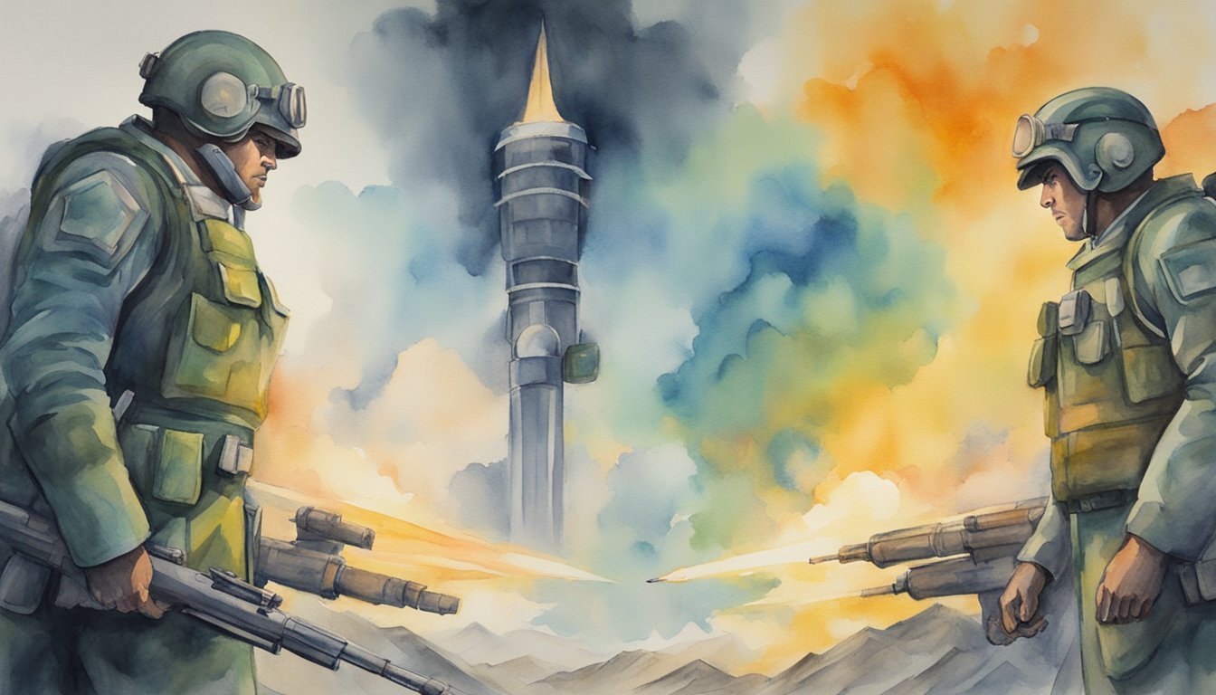 Soldiers observing missile launch in scenic watercolor illustration.