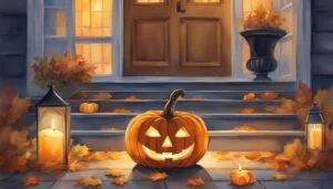Cozy autumn porch with jack-o'-lantern and candles.