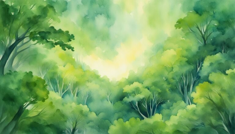 Misty green forest watercolor painting.