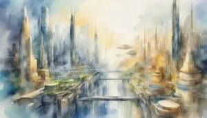 Futuristic cityscape watercolor painting with flying vehicles.