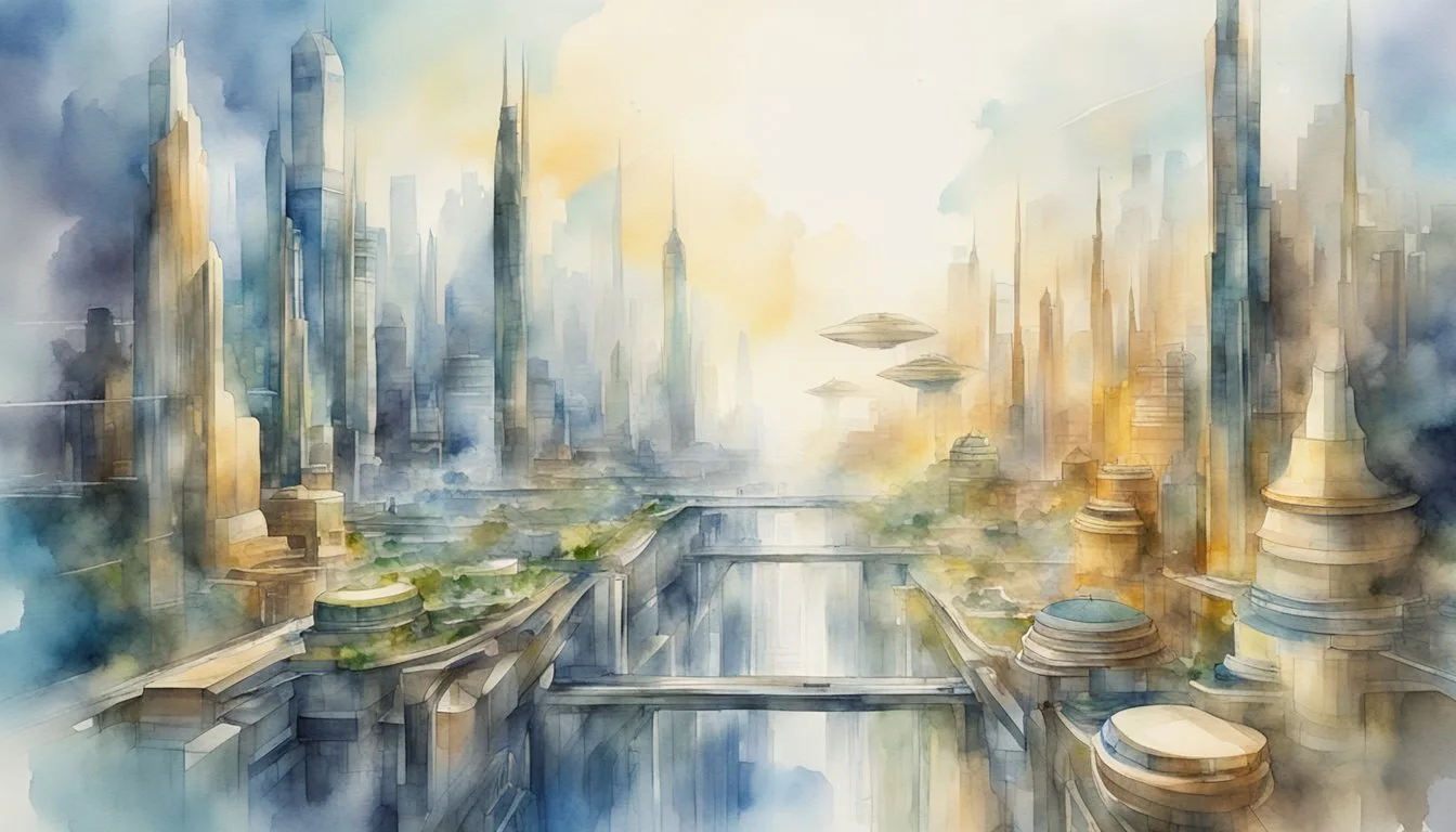 Futuristic cityscape watercolor painting with flying vehicles.