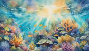 Colorful underwater coral reef with fish and sunbeams.