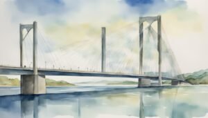 Watercolor painting of a suspension bridge over calm waters.