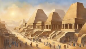 Ancient Egyptian cityscape with pyramids and bustling crowds.