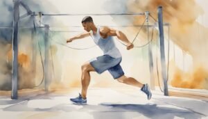 Man sprinting with rope in watercolor gym scene.