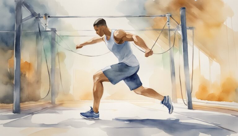 Man sprinting with rope in watercolor gym scene.