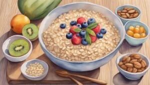 Healthy oatmeal breakfast with fruits and nuts illustration.