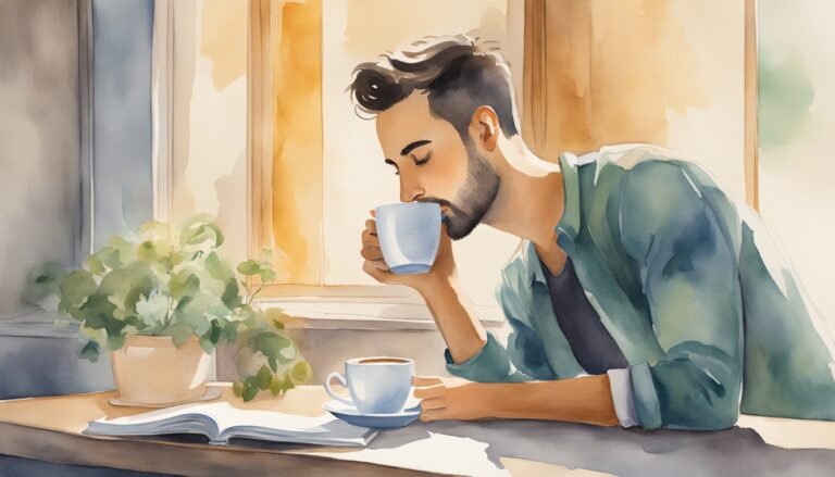 Man enjoying coffee while reading near window.