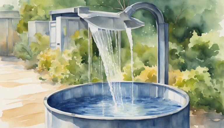 Water flowing from spout into round basin, watercolor garden scene.