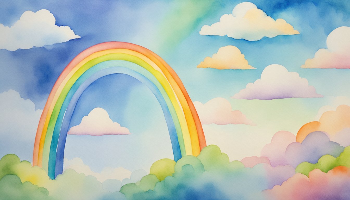 Colorful watercolor rainbow and clouds landscape painting.