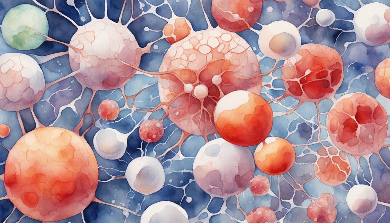 Watercolor illustration of abstract cellular structures in vibrant colors.