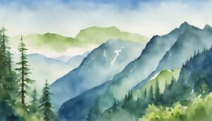 Watercolor painting of misty mountain landscape with evergreens.