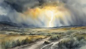 Watercolor of lightning storm over desert landscape.