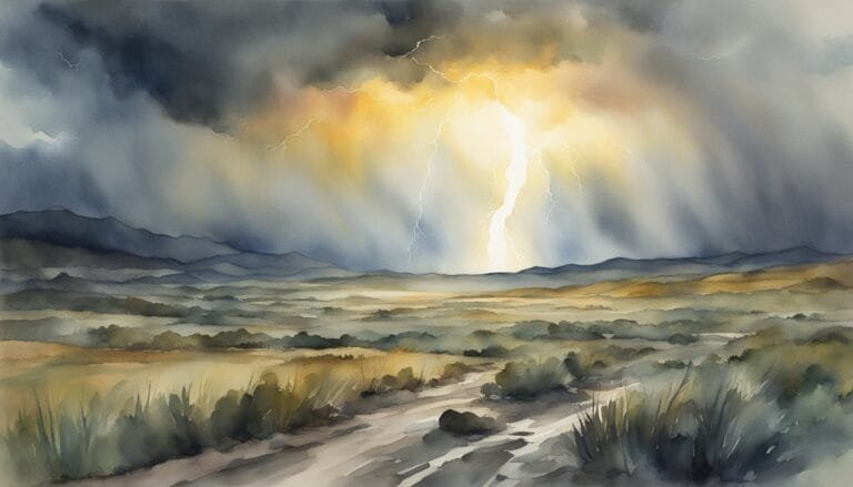 Watercolor of lightning storm over desert landscape.