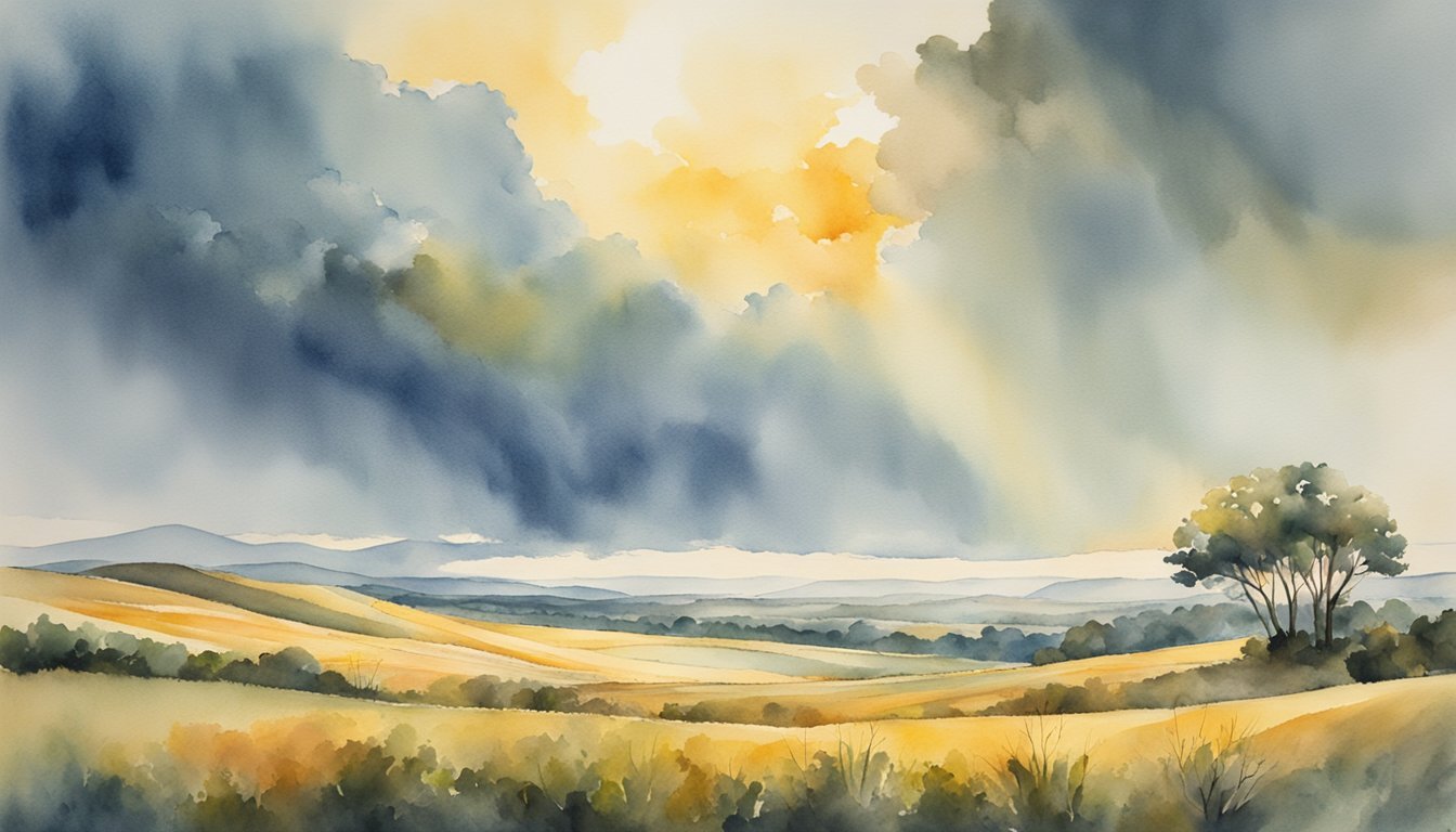 Watercolor landscape of stormy skies over rolling hills.