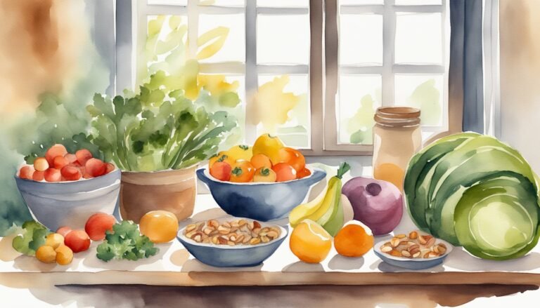 Watercolor painting of fresh fruits and vegetables on table.