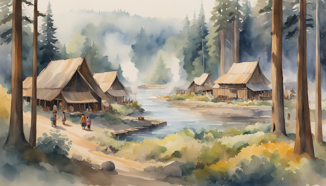 Watercolor illustration of a serene riverside village scene.