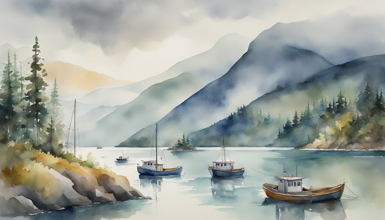 Watercolor painting of boats in a misty, mountainous lake scene.