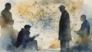 Watercolor of people discussing over abstract geometric background.