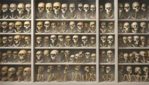 Shelves displaying various human skulls and skeletons.