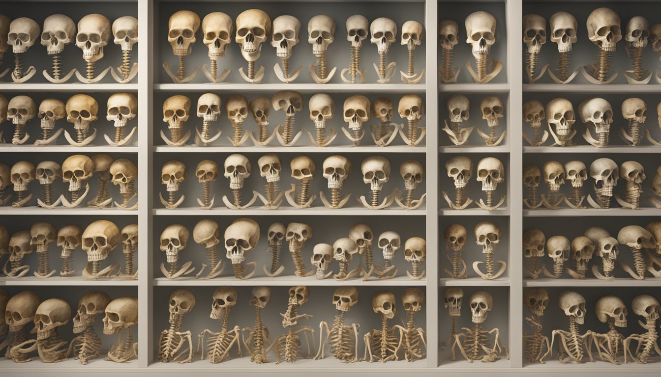 Shelves displaying various human skulls and skeletons.