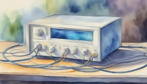 Watercolor painting of vintage stereo amplifier with cables.