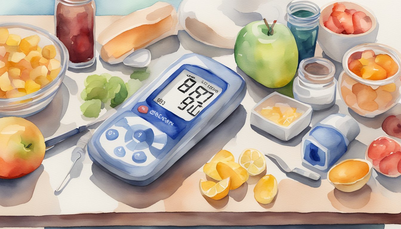 Watercolor of diabetic supplies and healthy foods