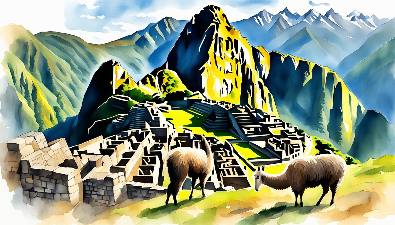 Llamas grazing at Machu Picchu, colorful mountain backdrop.