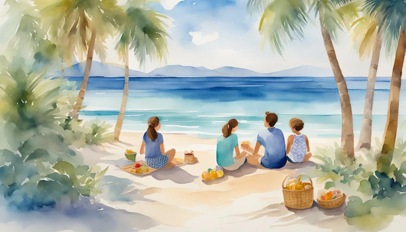 Friends enjoy picnic on tropical beach.