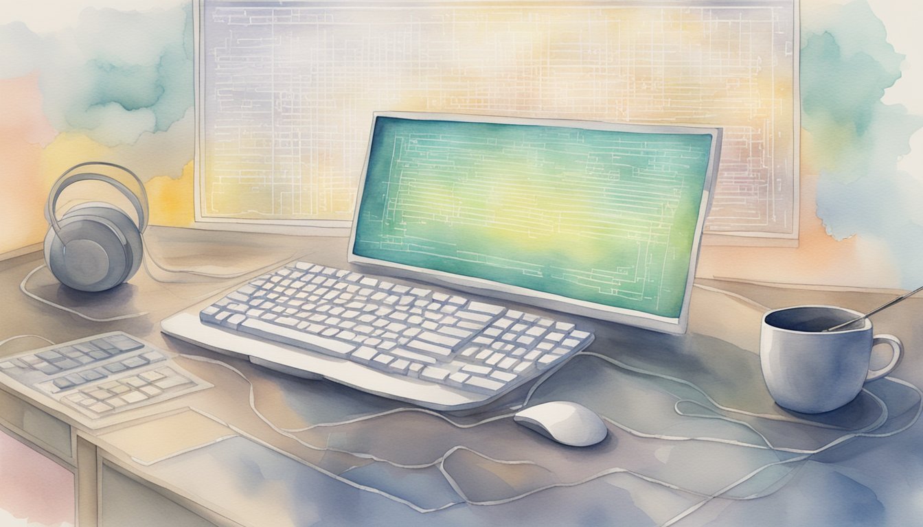 Watercolor illustration of a cozy computer workstation with accessories.