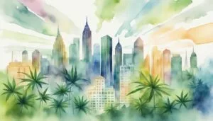 Watercolor painting of skyline with cannabis leaves foreground.