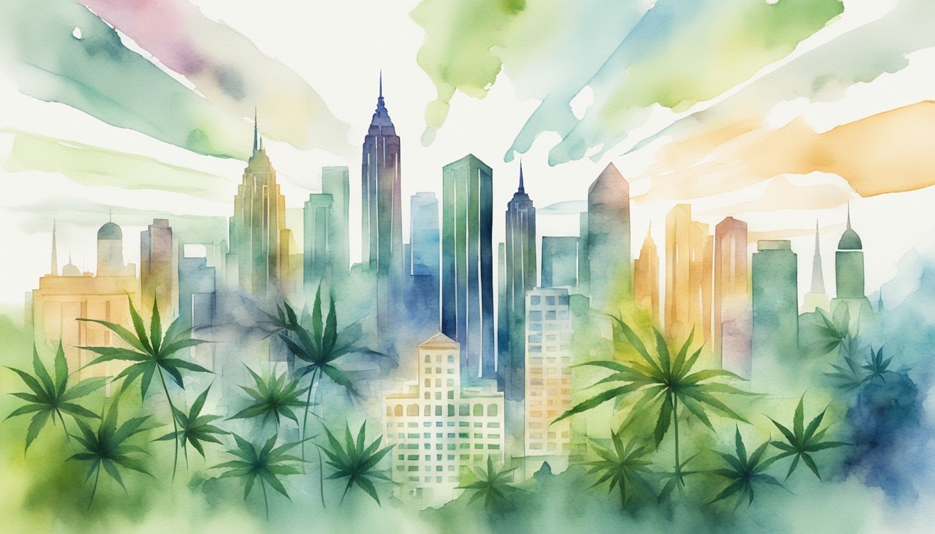 Watercolor painting of skyline with cannabis leaves foreground.