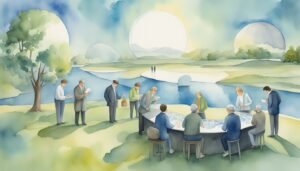 Watercolor of people in outdoor meeting by river.