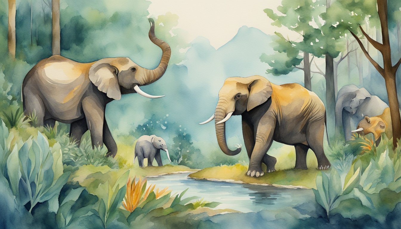 Watercolor painting of elephants in a lush forest.