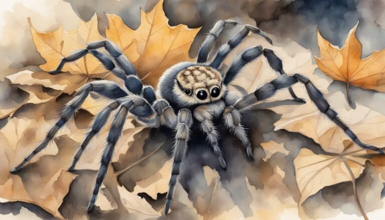 Watercolor artwork of spider among autumn leaves.