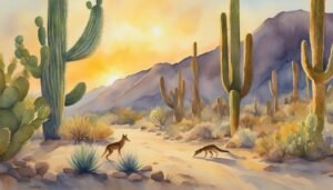 Watercolor desert landscape with cacti and coyotes at sunset.